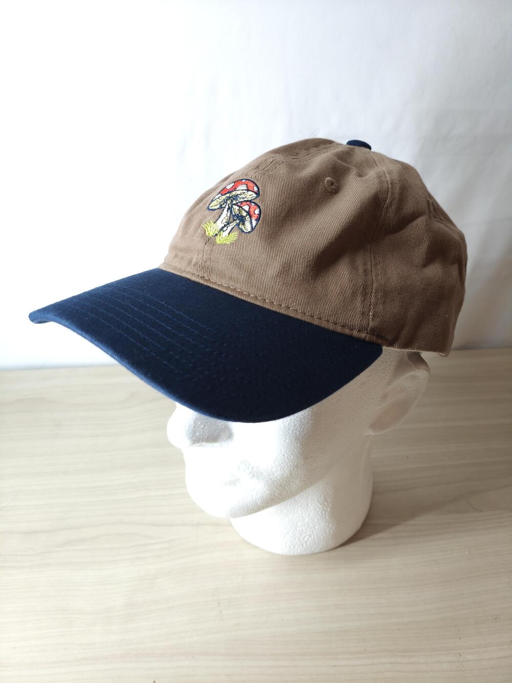 Mushroom Hat Cap Strap Back Brown Navy Embroidered Toadstool Dad Hat Mens